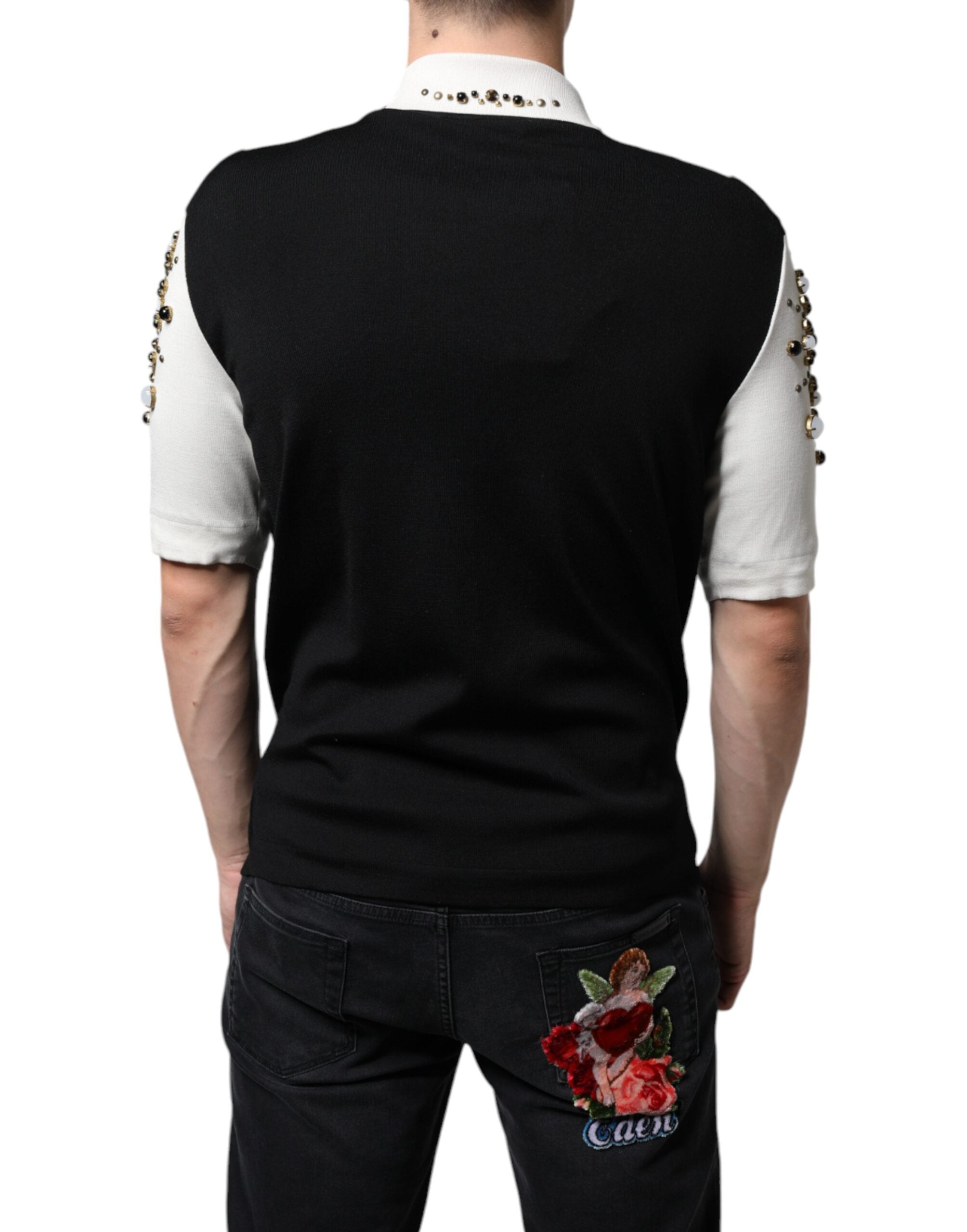 Dolce & Gabbana Beyaz Siyah İpek Gömlek, Çivili ve Taş Kristalli
